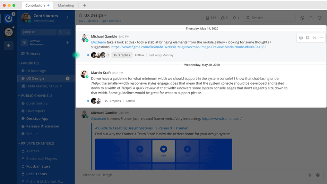 A dot on threads in a channel indicates unread replies.