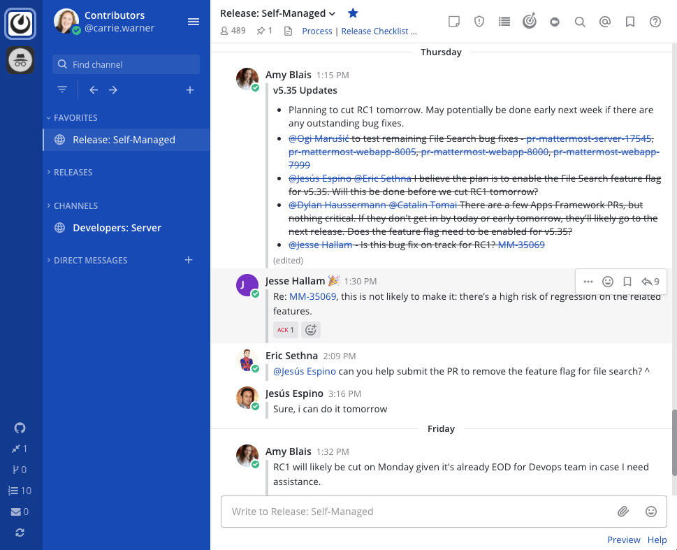 Mattermost Channels workspace example.