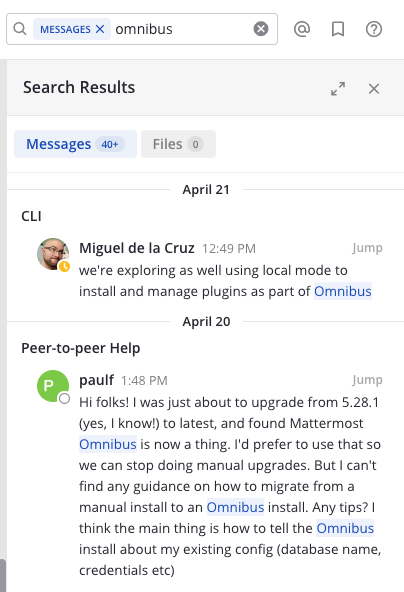 Use Search to find messages, replies, and the contents of files shared across channels.