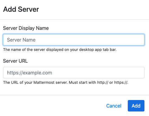 Connect the Desktop App to another Mattermost Server using options located in the top left corner of the Mattermost screen.