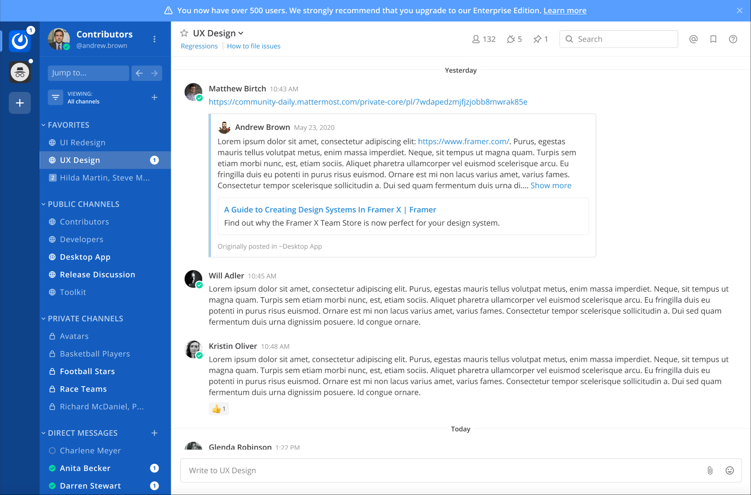 An example of an Admin Advisor notice. Admin Advisor notices provide guidance as your deployment scales in size. Admin Advisor notices are disabled from Mattermost v5.35.