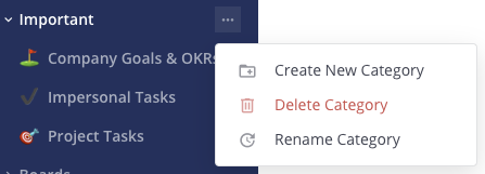 Select the context menu to create a new category, delete a category, or rename a category.