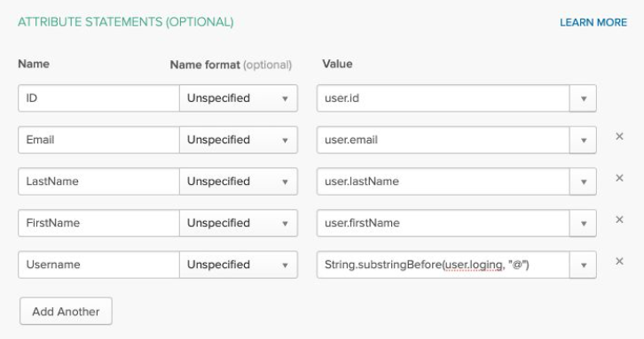 Enter attribute statements used to map attributes between Okta and Mattermost. Email and username attributes are required. Okta also requires an ID attribute that must be mapped to user.id.