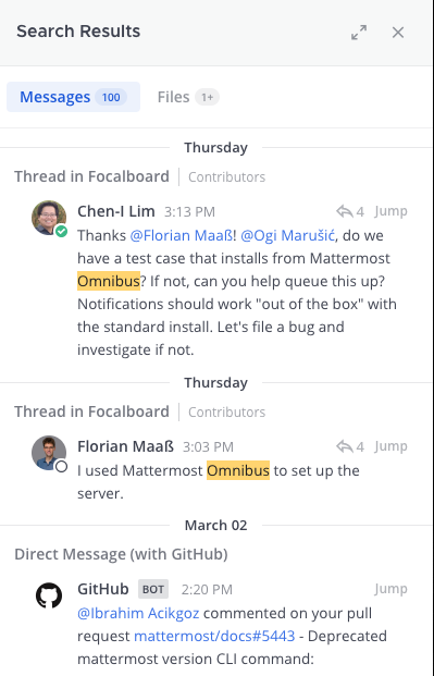Use Search to find messages, replies, and the contents of files shared across channels.