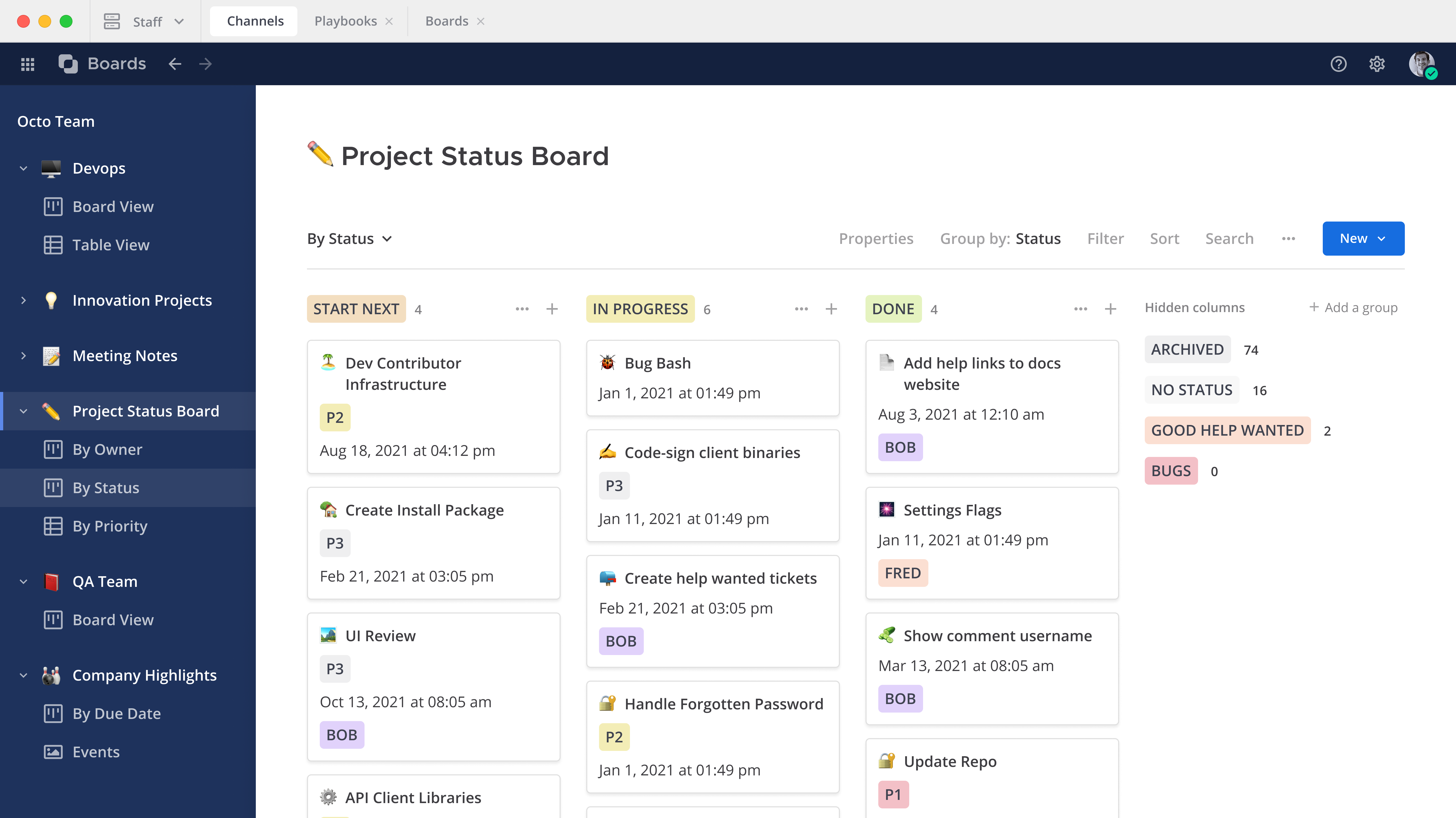 An example of the Mattermost Boards screen that includes a project status board and cards organized by status.