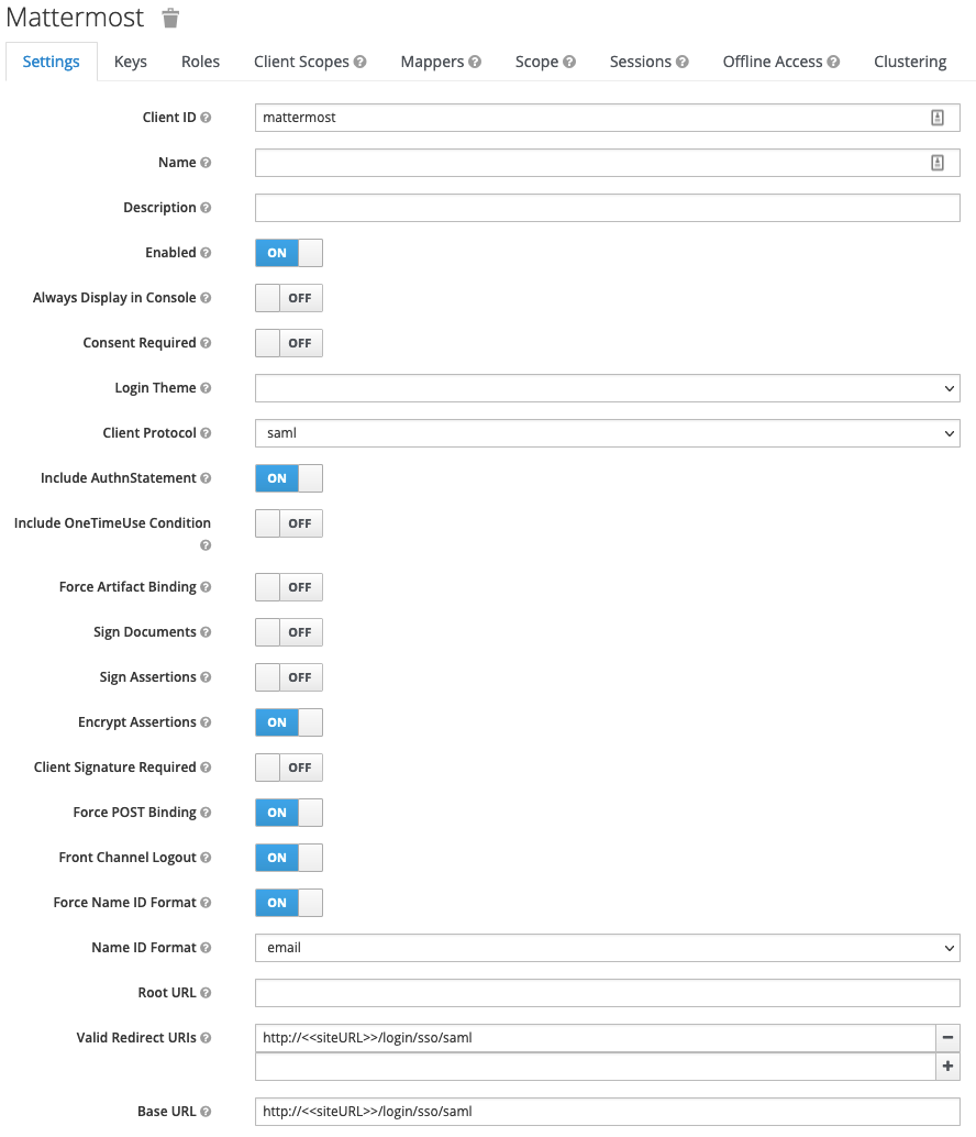 In Keycloak, create the Mattermost client, specify the Client ID and Client Protocol, then save your changes.