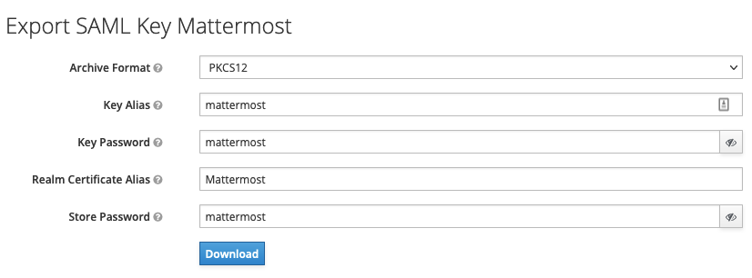 In Keycloak, on the Keys tab, generate new keys, export using the values documented, then select Download.