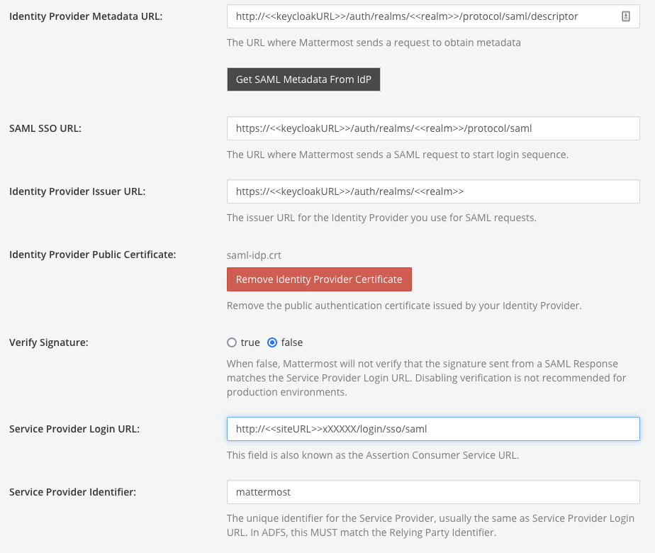 In the System Console, configure SAML as documented, where the Service Provider Identifier matches the Client ID you configured in Keycloak.