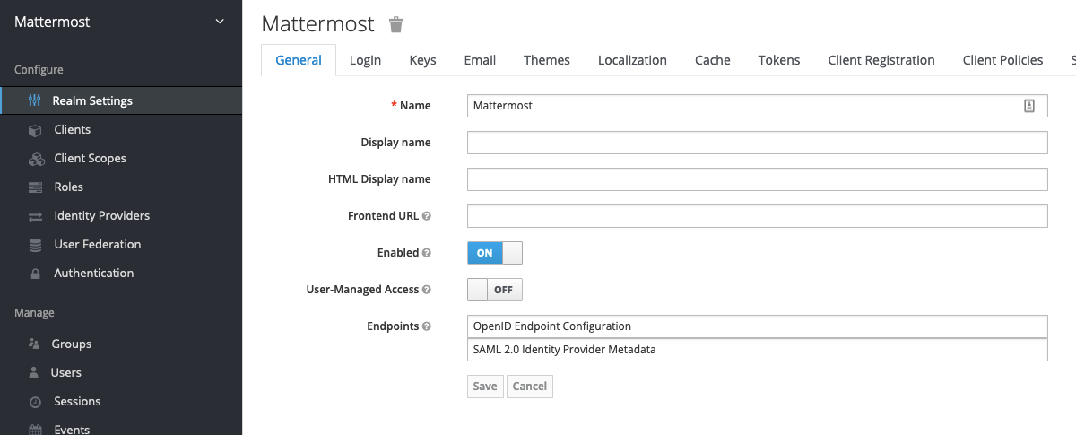 Within your Realm, select Realm Settings. At the bottom of the General tab, you should see a SAML 2.0 Identify Provider Metadata endpoint. Copy this URL for the next step.