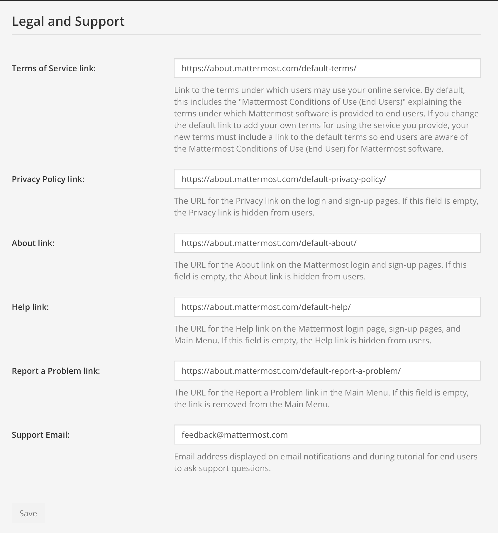 Legal and Support settings