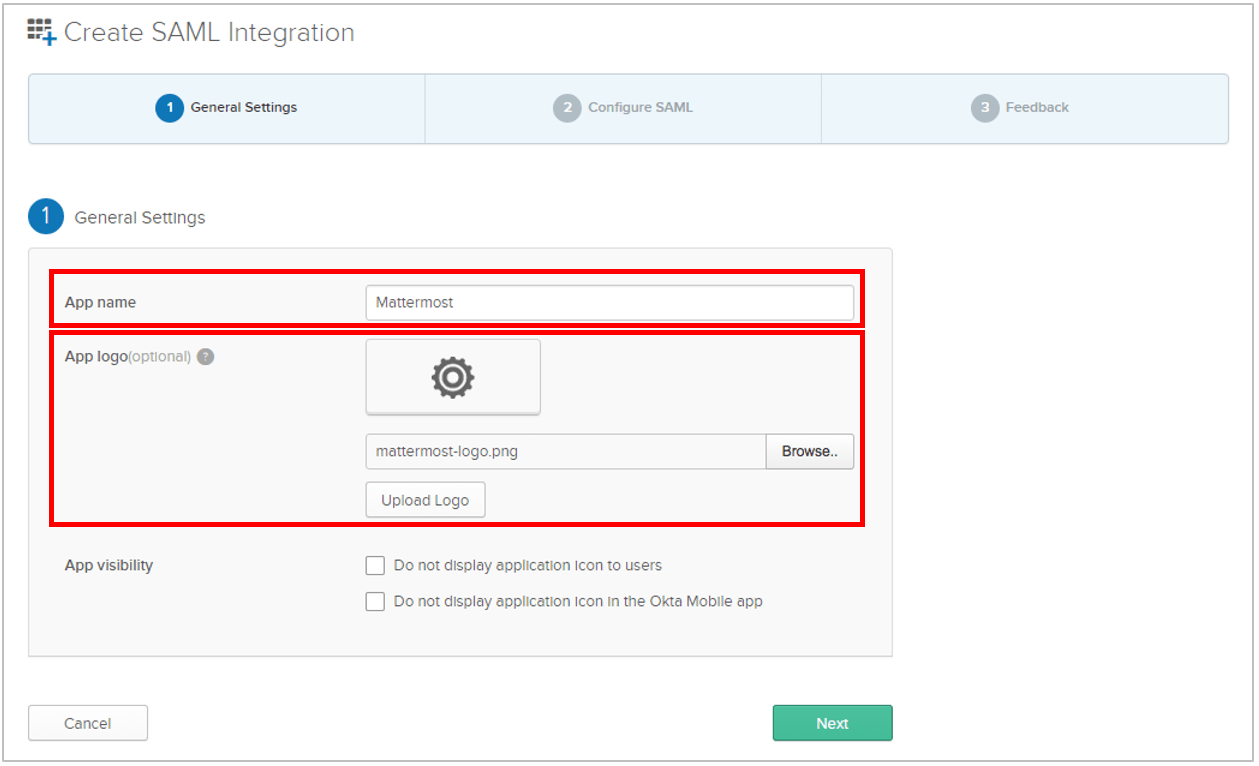 In Okta, under General Settings, enter an App name and an optional logo. Mattermost recommends displaying the application icon to users and within the Okta mobile app. Select Next to continue.