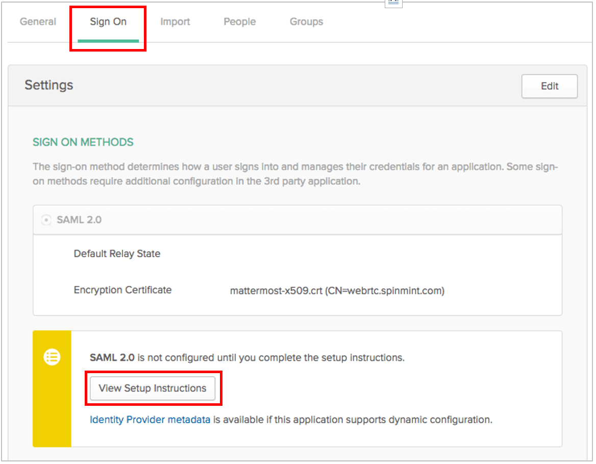 In the Mattermost System Console, after disabling the Override SAML bind data with AD/LDAP information setting, select the Sign On tab, then select View Setup Instructions. Select the Identity Provider metadata link, then copy the link from the browser URL field to a convenient location.