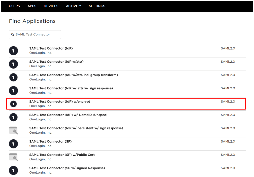 In OneLogin, go to Apps > Add Apps, search for SAML Test Connector, then select the matching result in the list