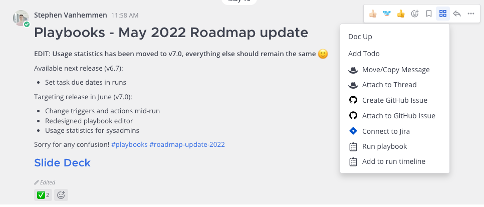 Take action on messages through your Mattermost integrations using message actions available through the Message actions icon.