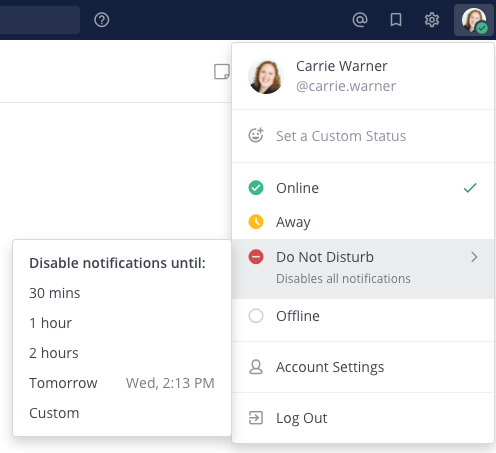Example of setting your Mattermost availability to Do Not Disturb.