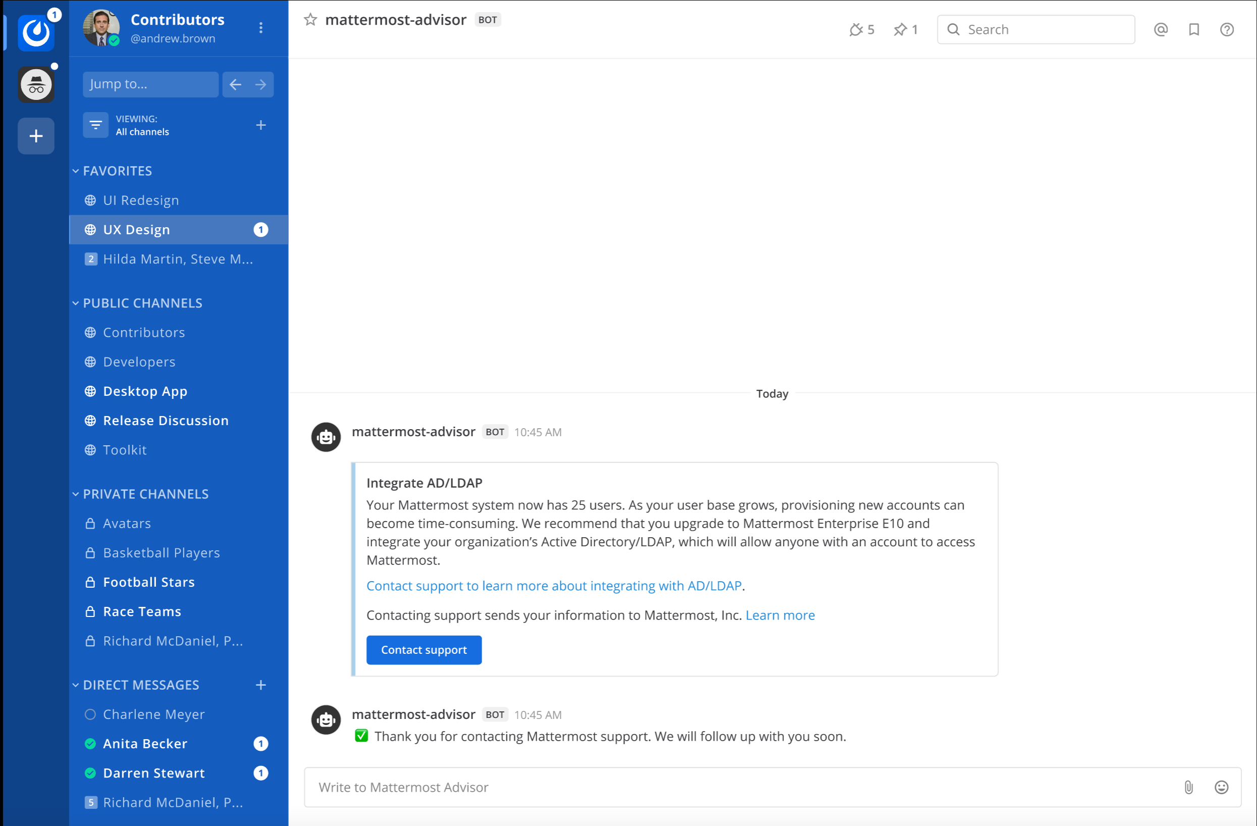 An example of an Admin Advisor notice that includes an option for System Admins to contact Mattermost Support. Admin Advisor notices are disabled.
