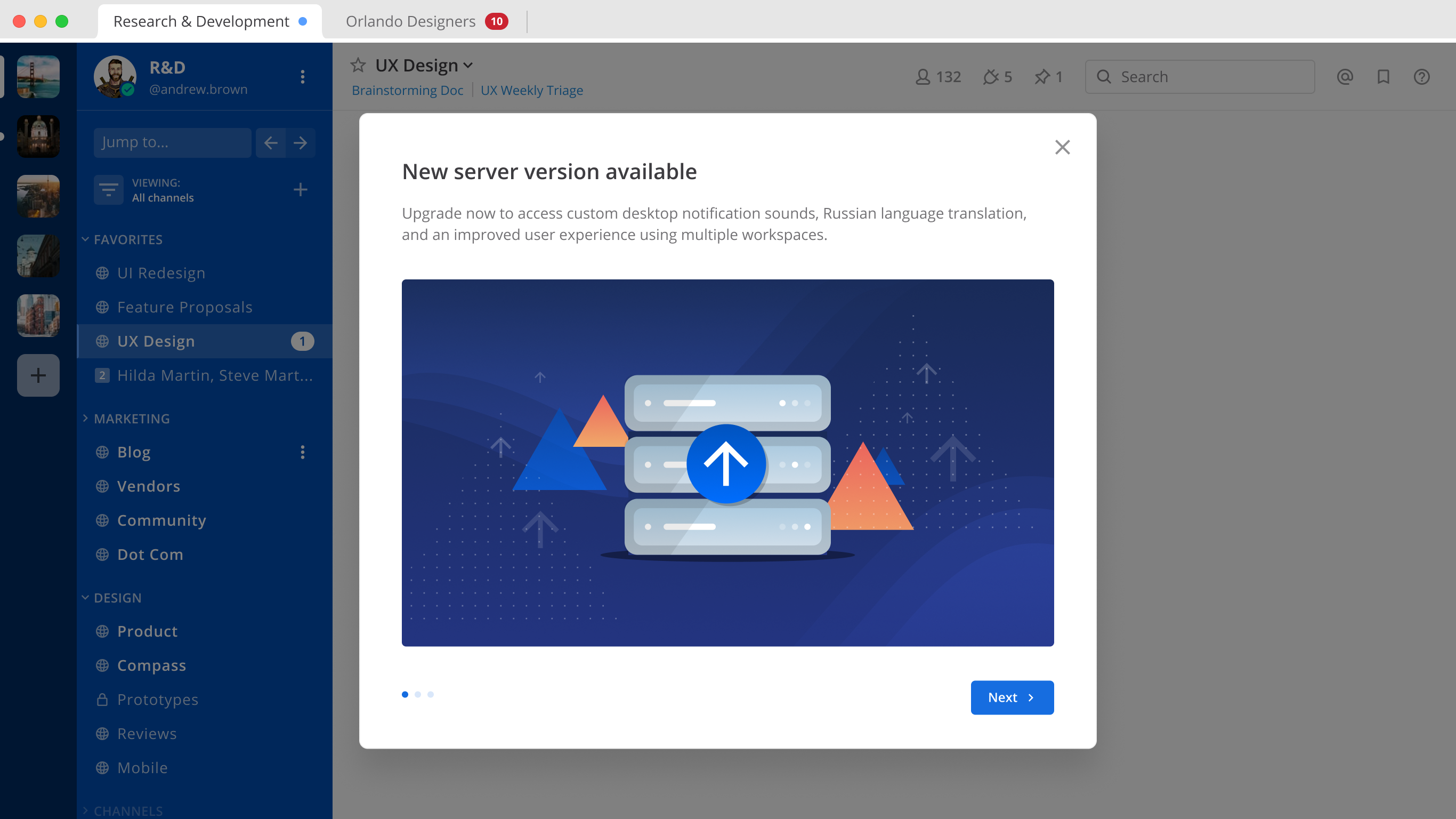 An example of an in-product administrator notice announcing that a new server version of Mattermost is available. Admin notices also announce when external dependencies are being deprecated, or when server upgrades or optimizations are recommended.