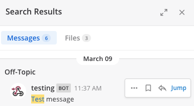 From search results, you can go to the full message by selecting Jump.