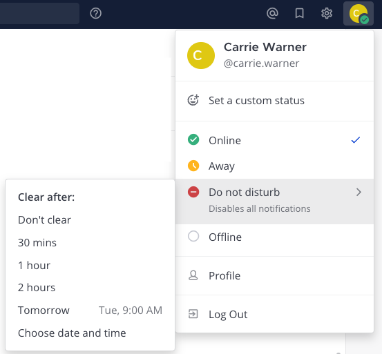 Example of setting your Mattermost availability as Do Not Disturb.