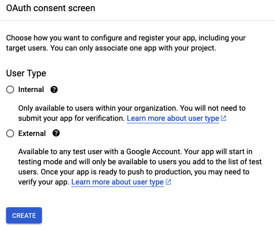 On the OAuth consent screen, configure and register the application as internal or external.