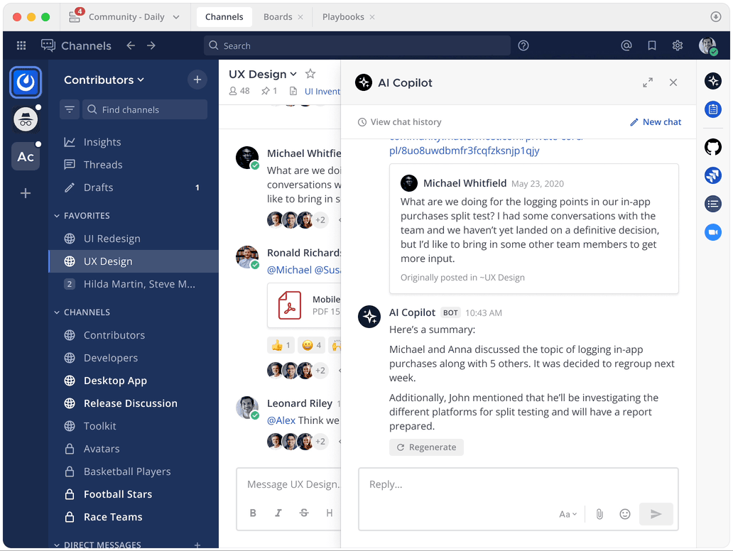 Bring your AI into the conversation. @ mention your AI Copilot directly within any thread and use the context to work faster and smarter.
