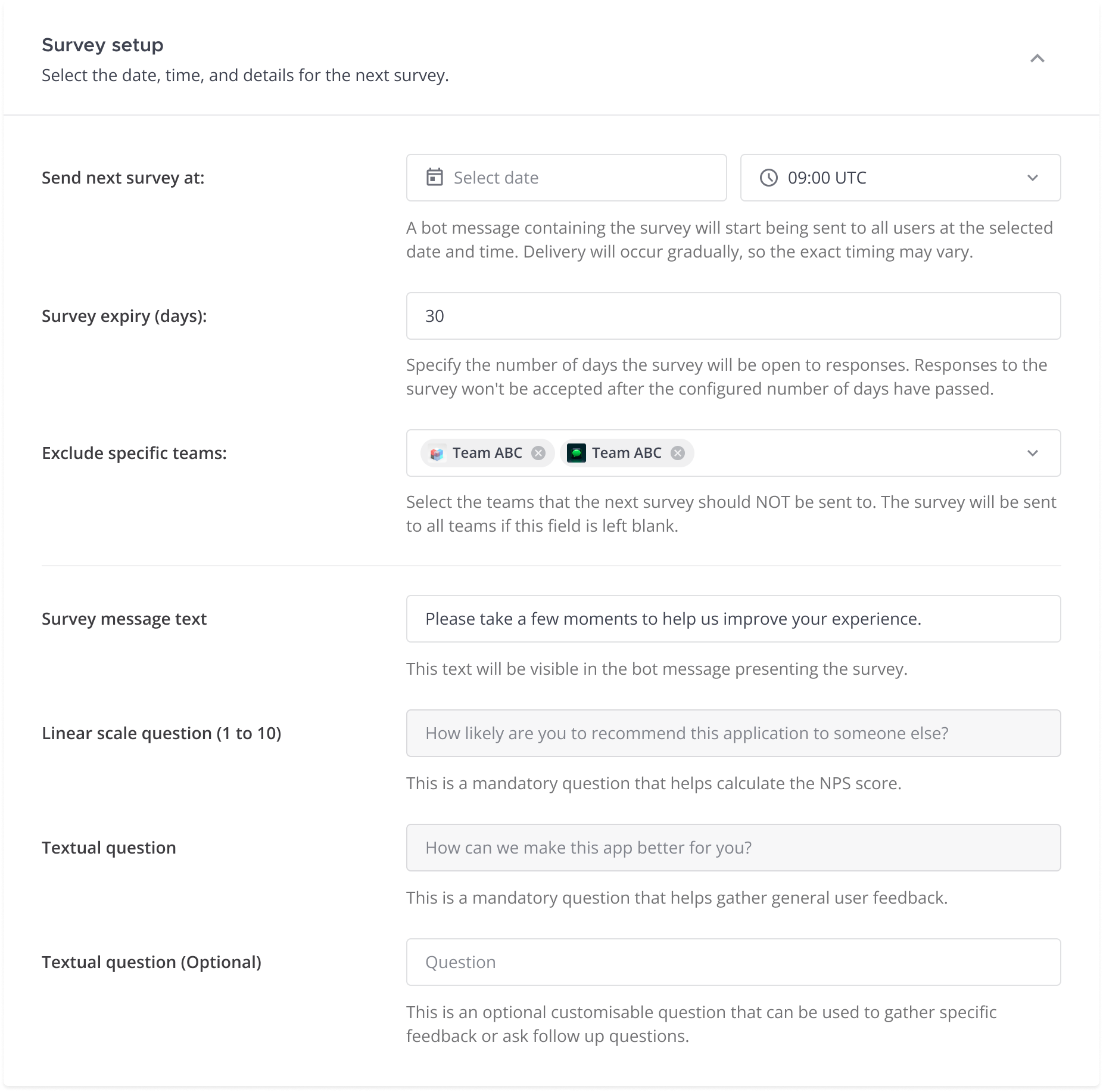 An example of the System Console configuration screen for creating and managing user surveys.