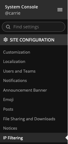 An example of the System Console interface where admins can configure IP filtering.