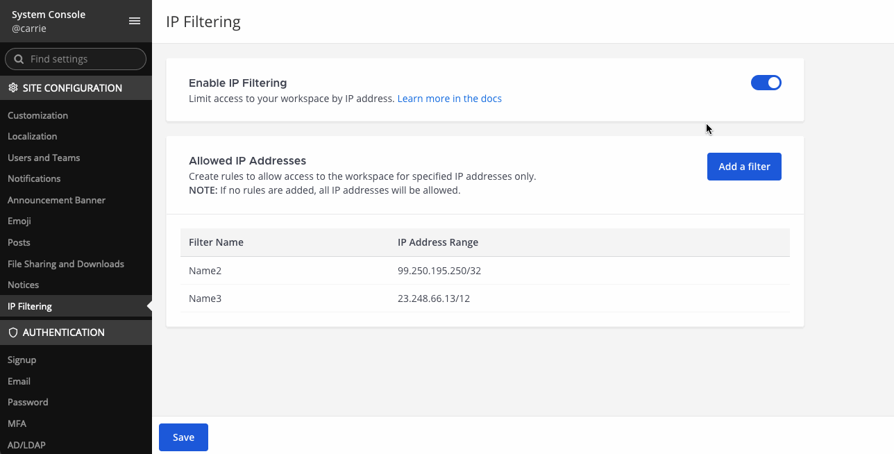 An example of enabling and disabling Mattermost IP filtering in the System Console.