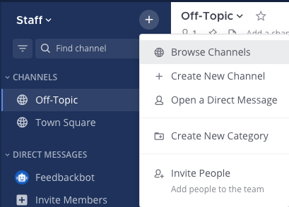 You can browse available channels to join using the + option at the top of the channel sidebar.