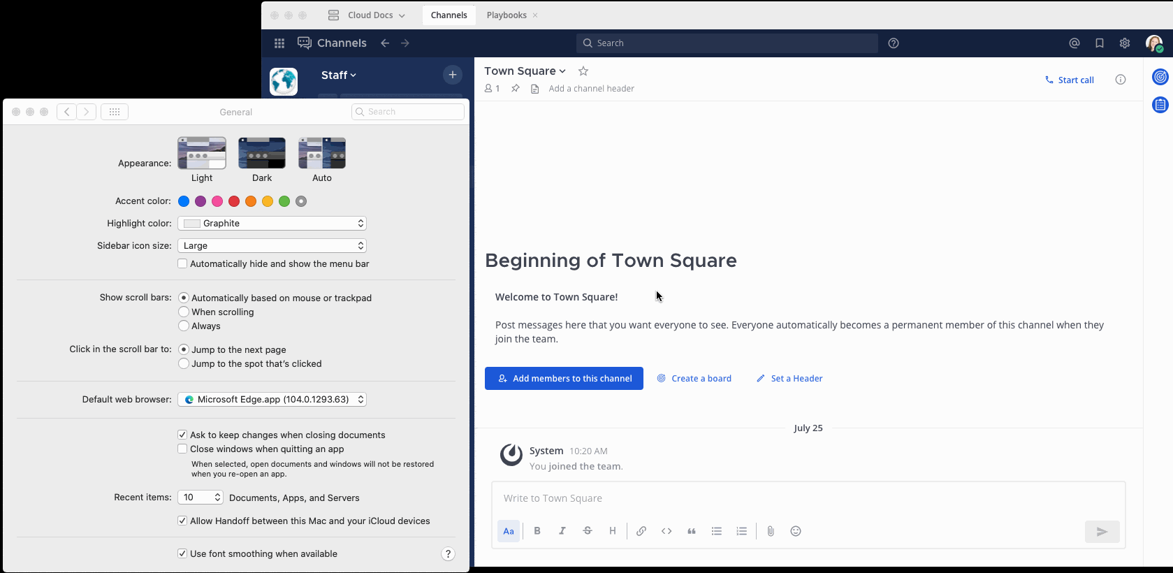 The system preference you set for Light Mode or Dark Mode on your computer is automatically applied to the Mattermost Desktop App.