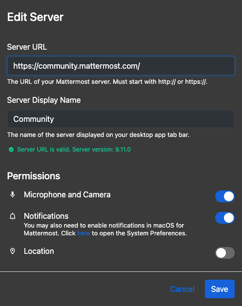 A screenshot of the system permissions that Mattermost users can manage when creating new server connections or editing existing connections.