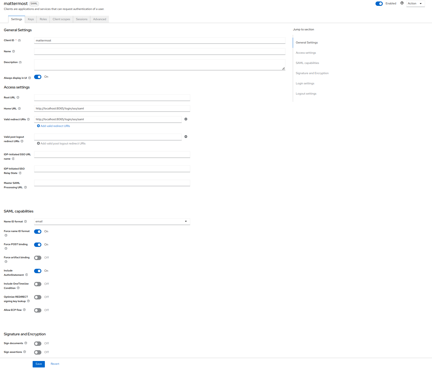 In Keycloak, create the Mattermost client, specify the Client ID and Client Protocol, then save your changes.