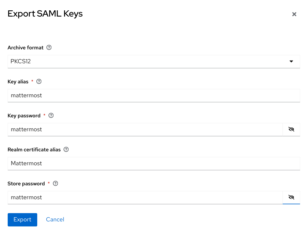 In Keycloak, on the Keys tab, generate new keys, export using the values documented, then select Download.