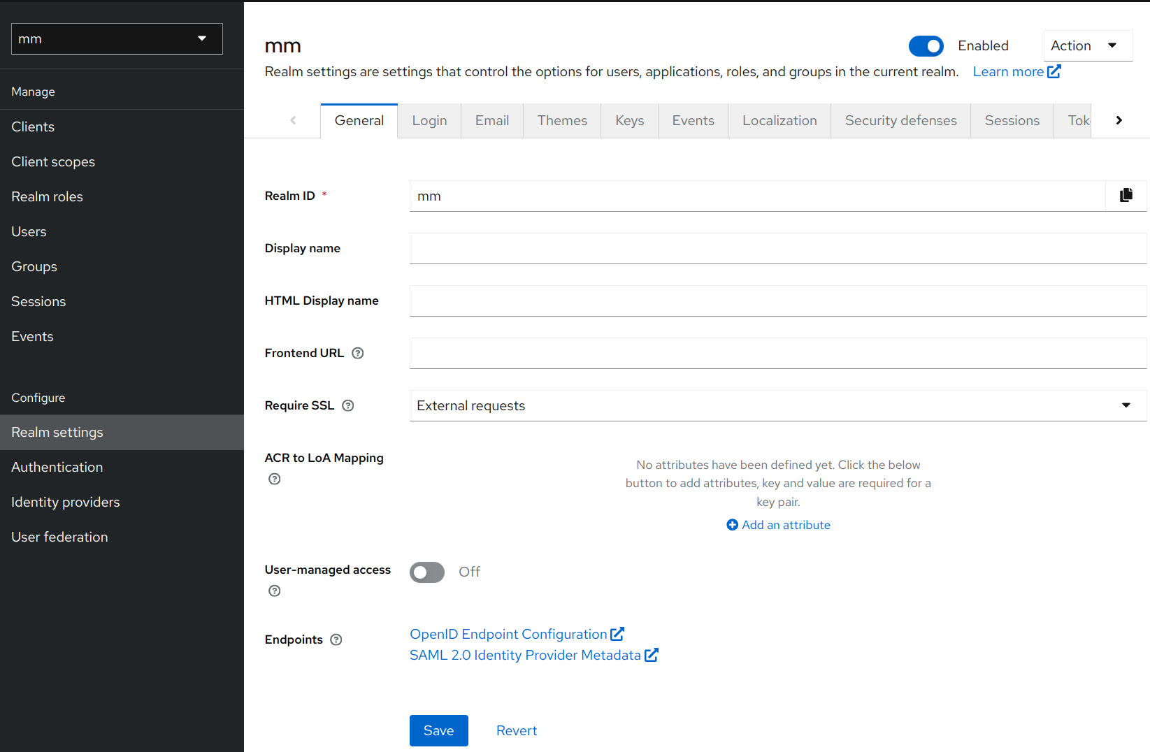 Within your Realm, select Realm Settings. At the bottom of the General tab, you should see a SAML 2.0 Identify Provider Metadata endpoint. Copy this URL for the next step.