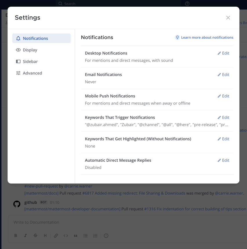 A walkthrough of setting keywords that are highlighted in Mattermost.