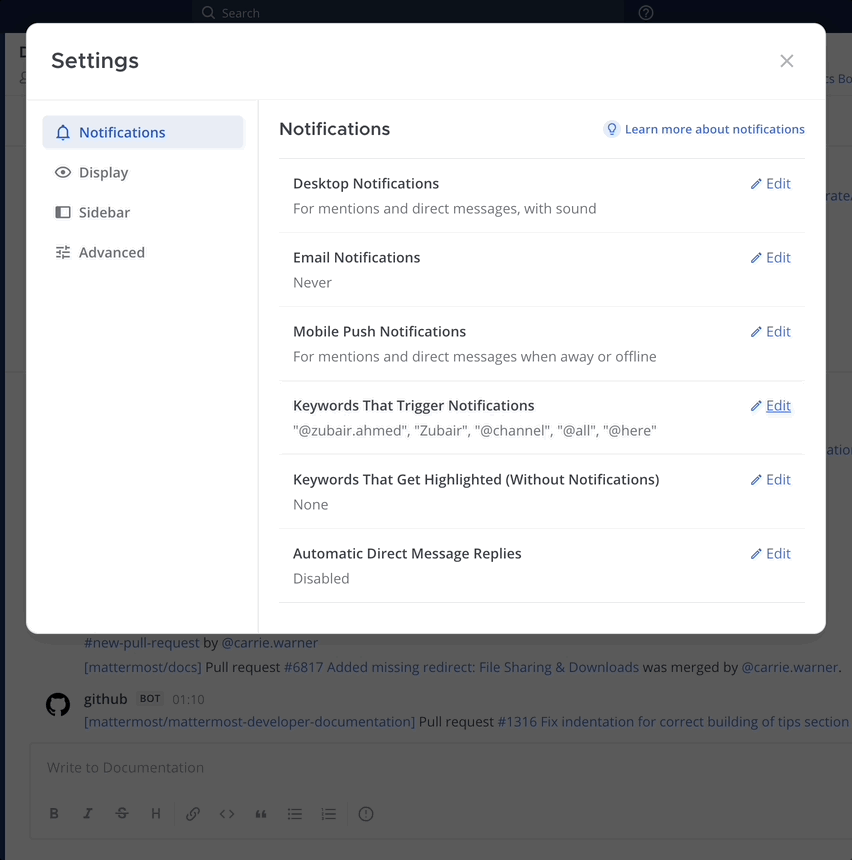 A walkthrough of setting keywords that trigger mentions in Mattermost.