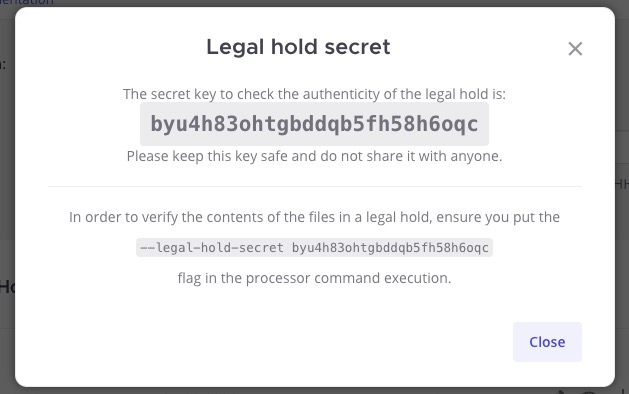 An example of a Legal Hold Secret Key available to Mattermost system admins.