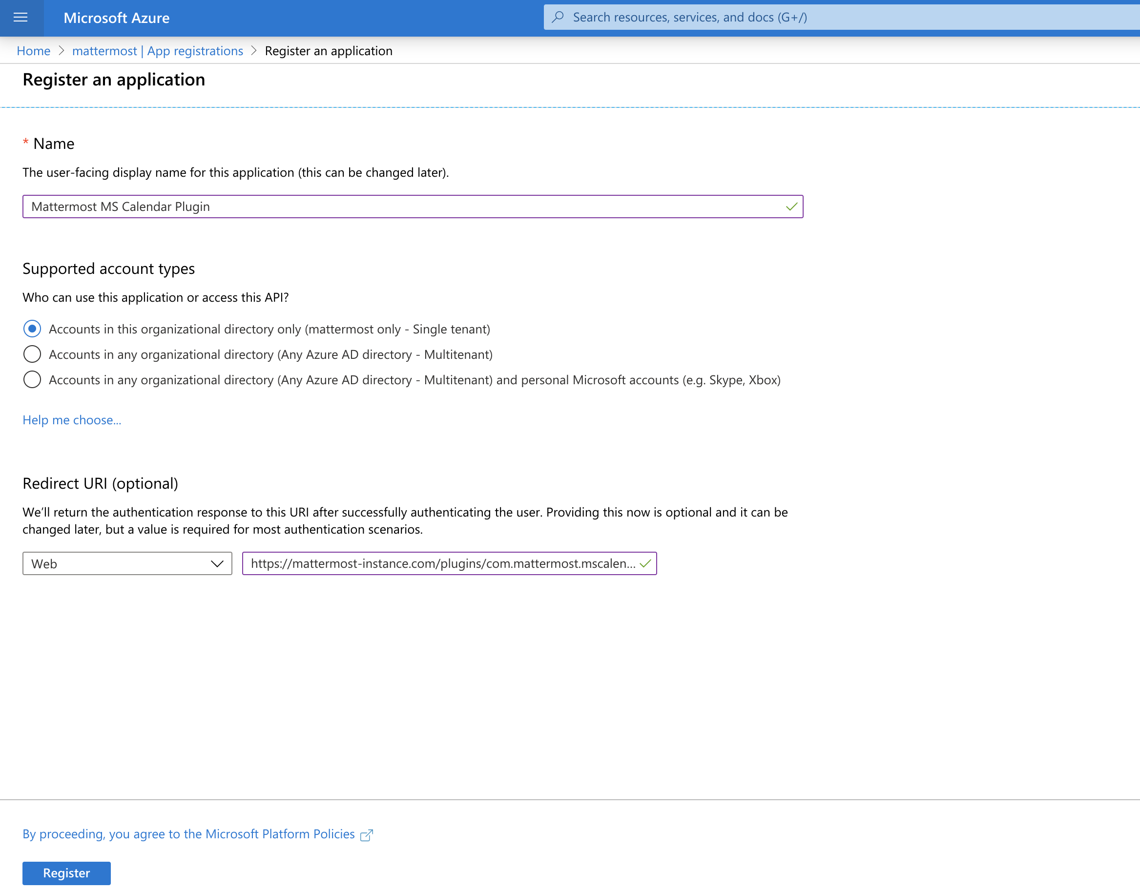 In Azure, create a new app registration.