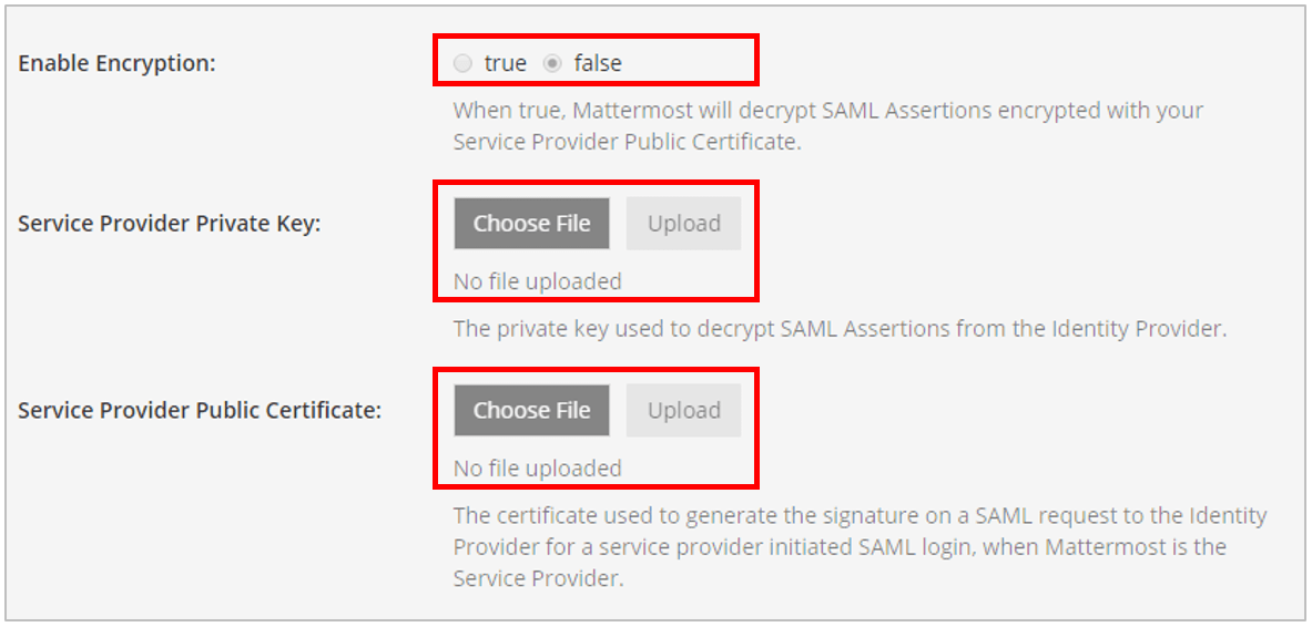 On the SAML 2.0 page, enable encryption and upload both the Service Provider Private Key and the Service Provider Public Certificate.