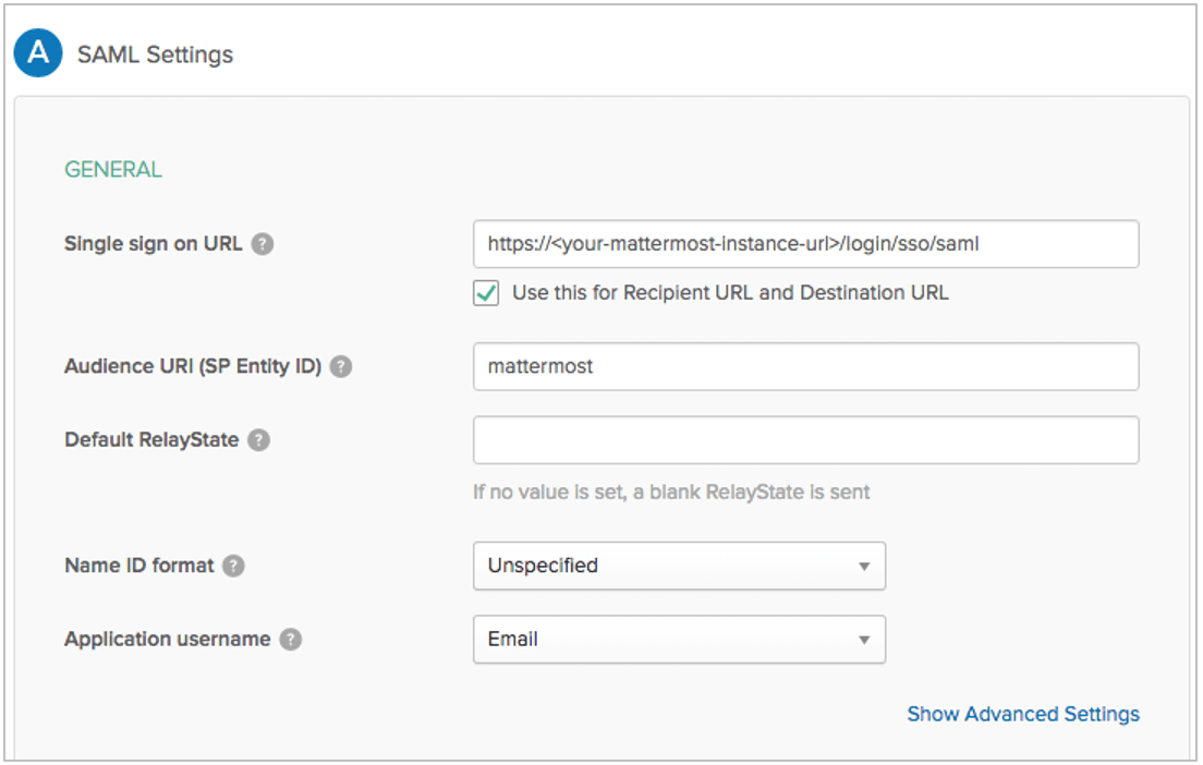 In Okta, under Configure SAML, enter required SAML settings.