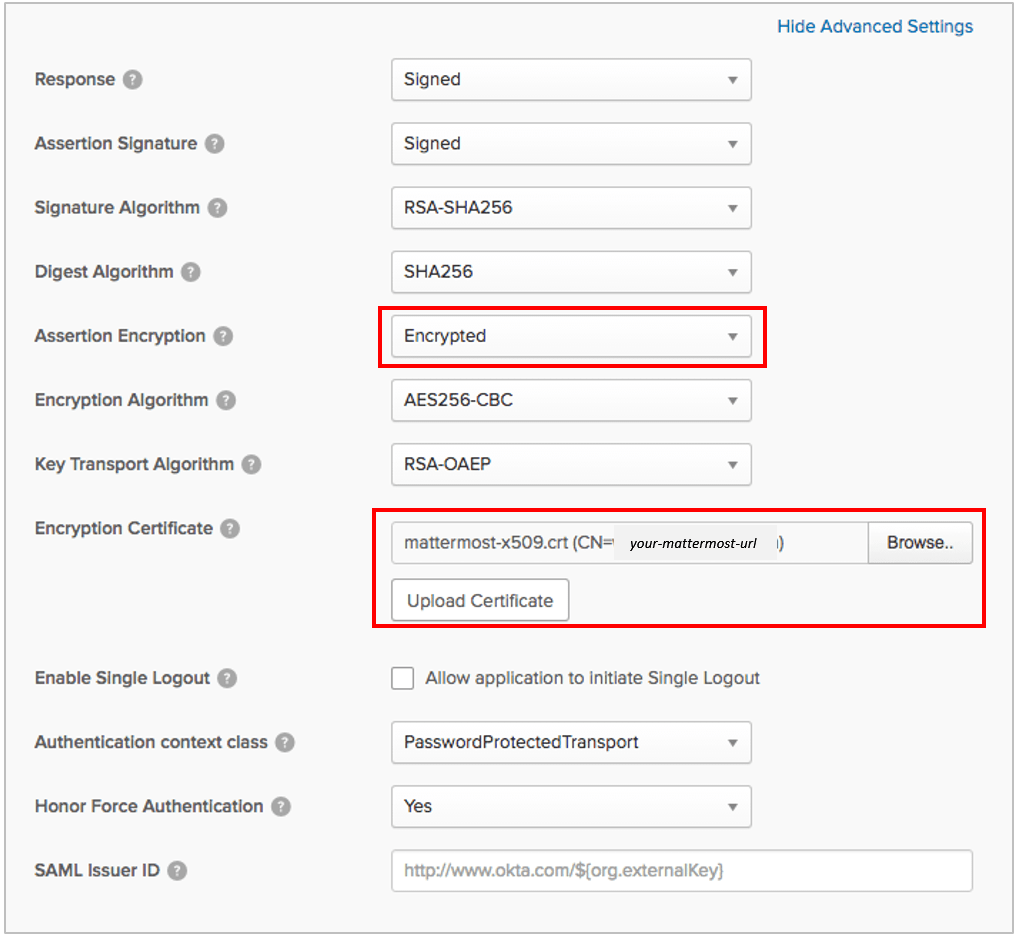 In Advanced Settings, set the Assertion Encryption as Encrypted, then upload the generated Service Provider Public Certificate to the Encryption Certificate field