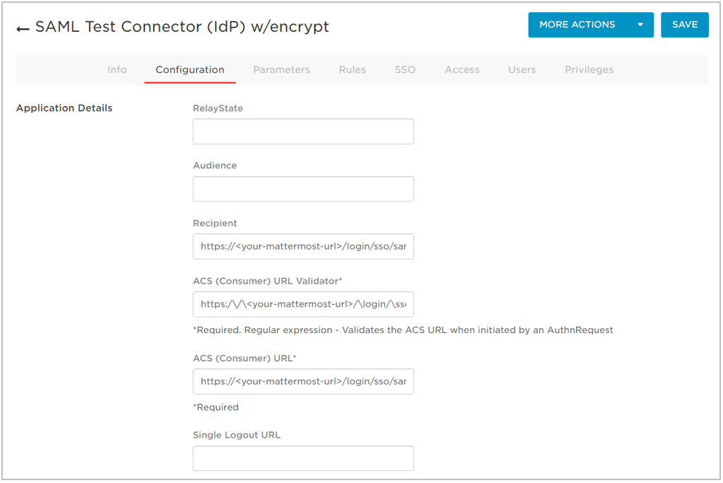 In OneLogin, select the Configuration tab to configure the SSO integration with required values.