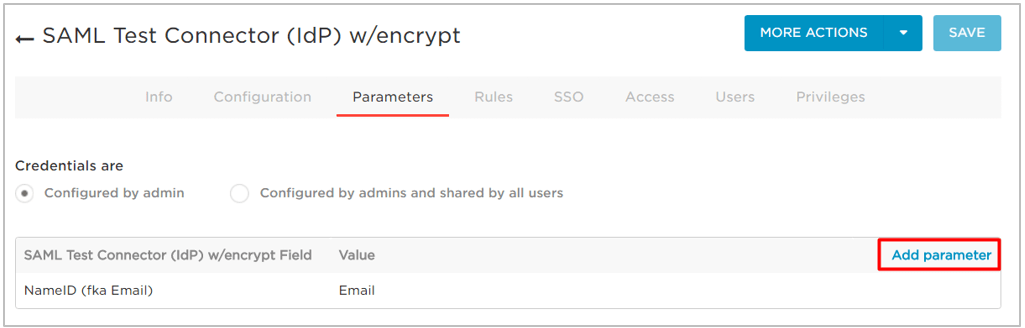 In OneLogin, select the Parameters tab, then select Add parameter. Map attribute parameters between OneLogin and Mattermost. Email attributes are required.