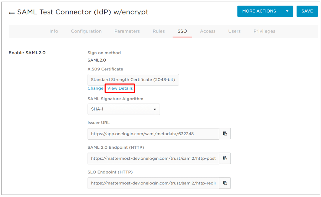 In OneLogin, select the SSO tab, copy the Issuer URL and SAML 2.0 Endpoint (HTTP) values to a convenient location.