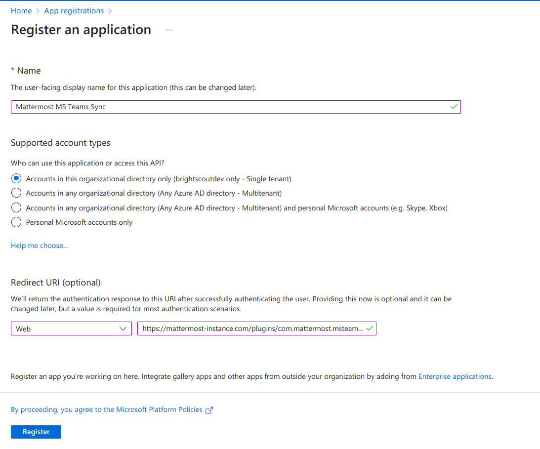 In Azure, register the new Mattermost app.