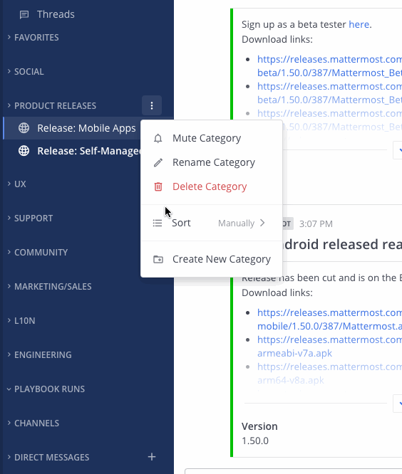 Sort channels within a category alphabetically, by recent activity, or manually.