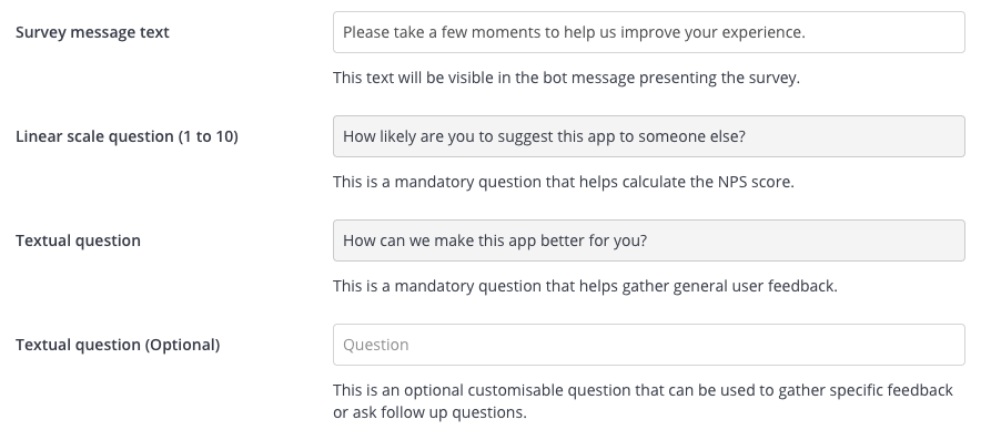 An example of the System Console configuration screen for defining the contents of a new user survey.