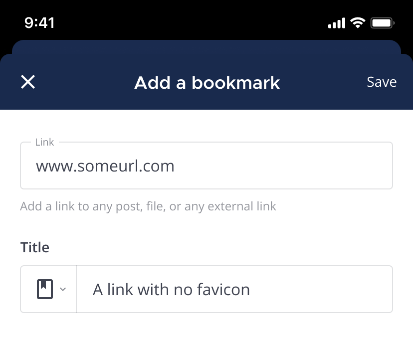 Using the mobile app, specify the link or file, bookmark text, and an optional bookmark icon.