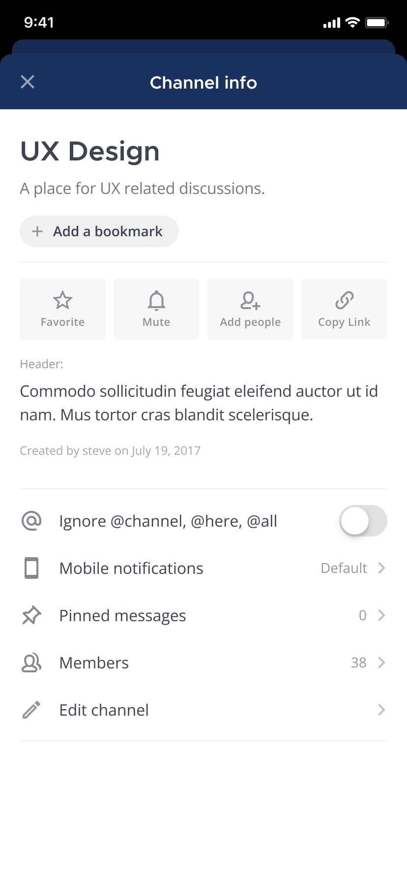 Using the mobile app, go to the channel view info screen to add a bookmark for the first time.