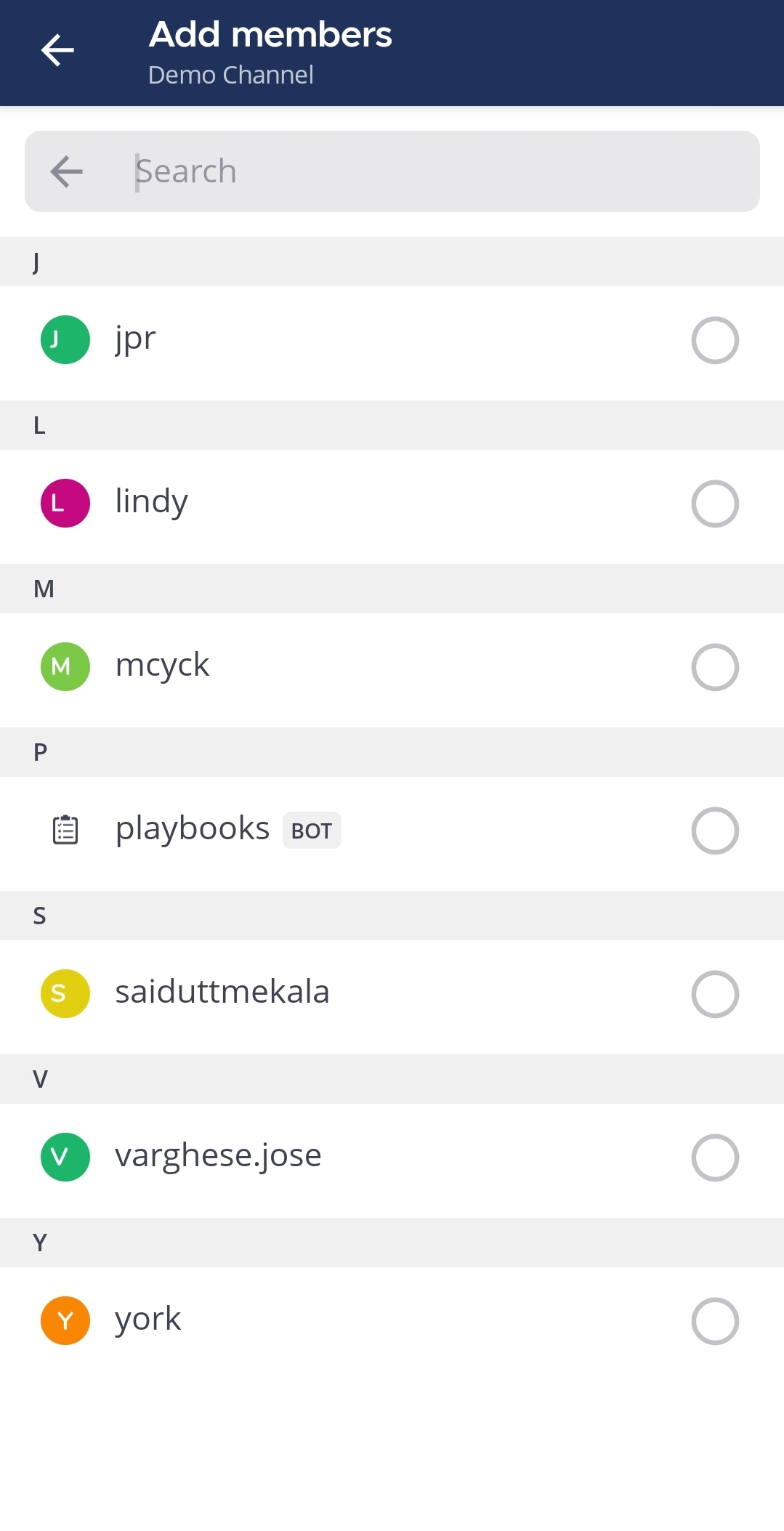 Select a user from the list and search one using the search field that you want to add to the channel.